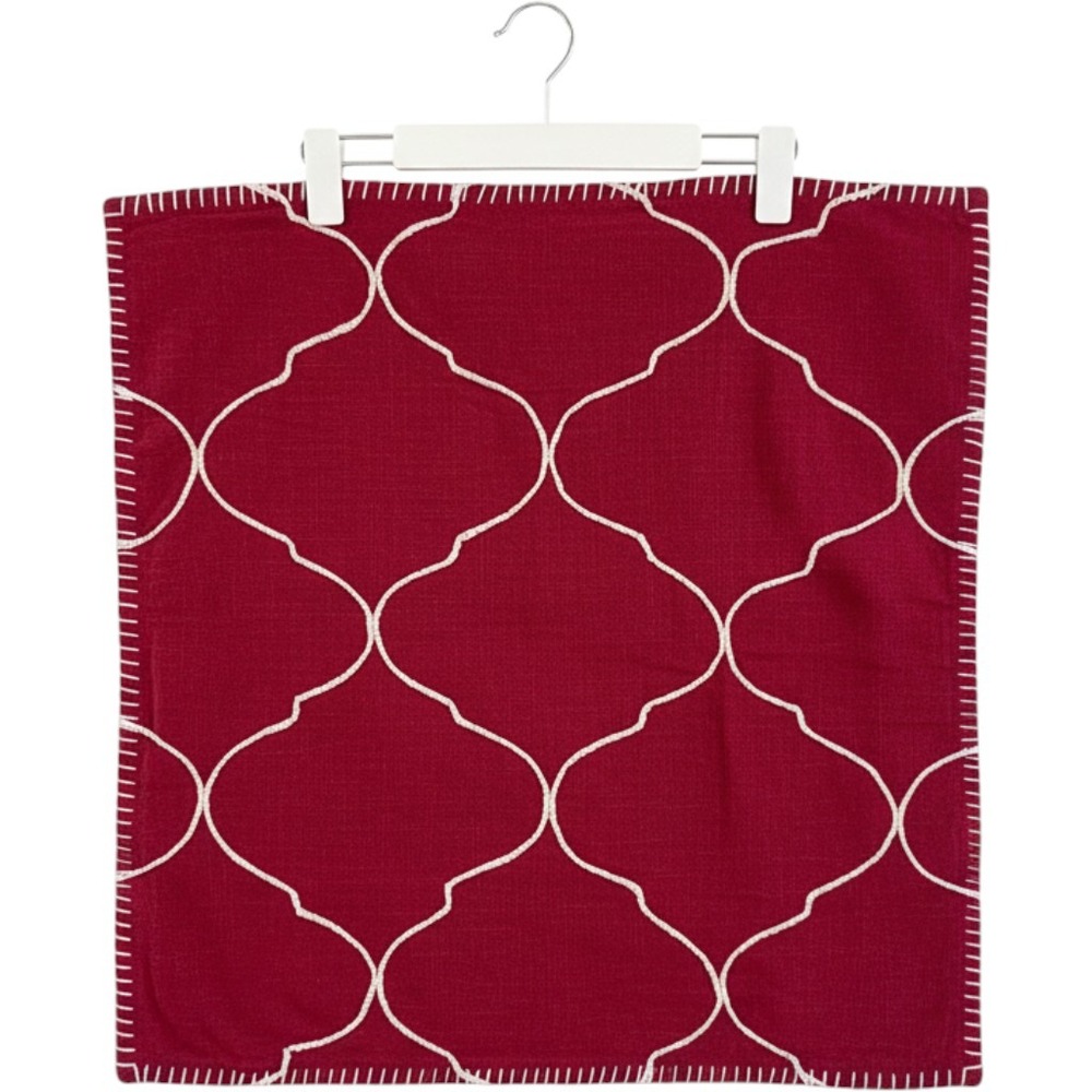 Pottery Barn Tile Embroidered Pillow Cover Ruby Red 22x22 Cotton Boho Farmhouse